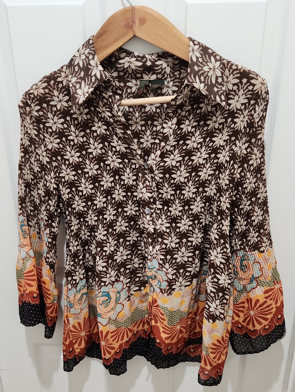 Women's Brown and Cream Floral Button-Down Shirt with Multicolor Hem